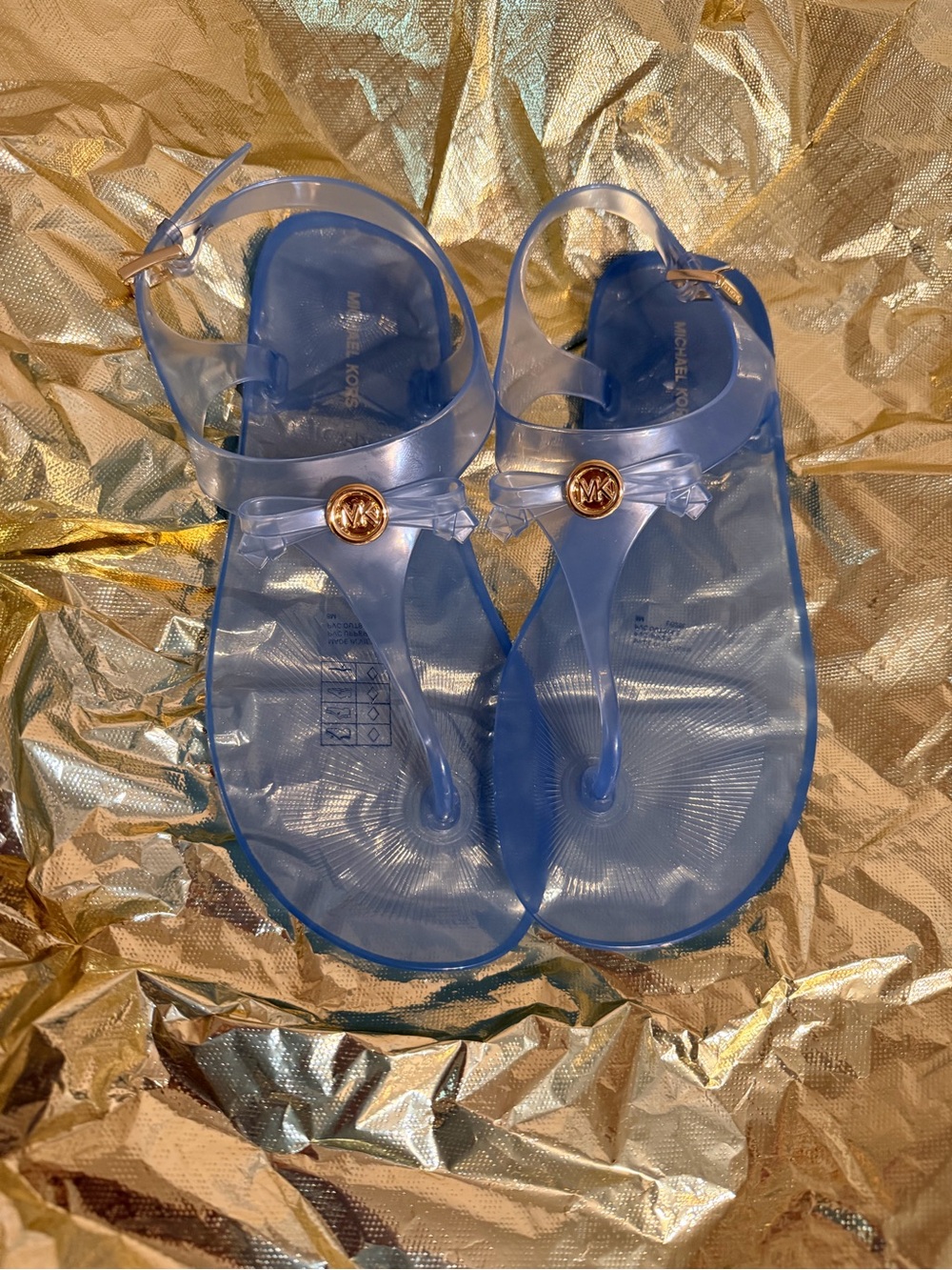 Michael Kors Translucent Blue Jelly Thong Sandals with Gold MK Medallion